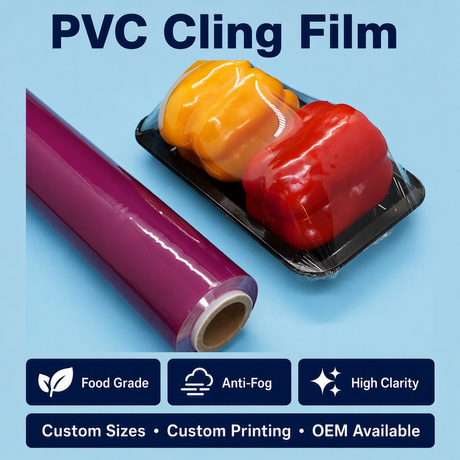 보라색 색상 소프트 안티 안개 PVC 식품 스트레치 필름 식품 포장용 필름 점보 롤 달라붙음